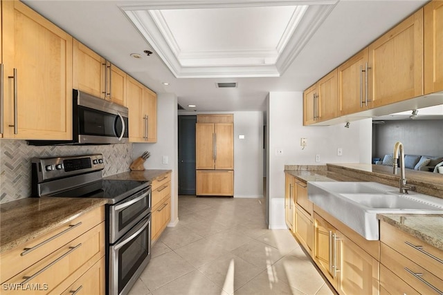 kitchen with a raised ceiling, crown molding, appliances with stainless steel finishes, and a sink