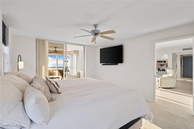 bedroom featuring light carpet, visible vents, a ceiling fan, and access to outside