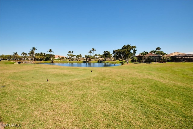 view of home's community with a lawn and a water view