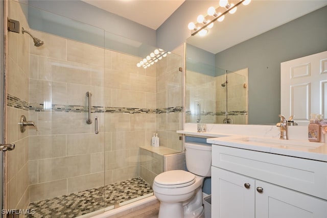 bathroom featuring toilet, a shower stall, and vanity