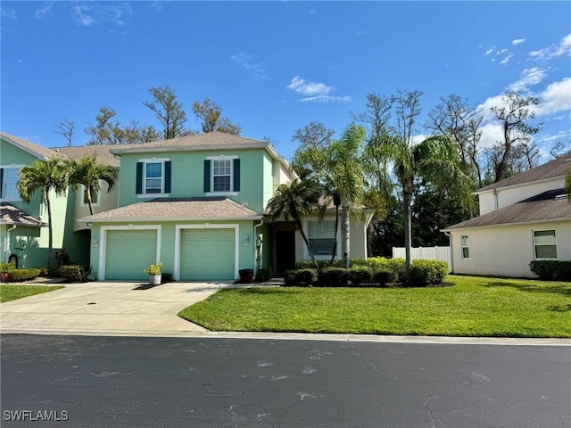 view of front of home with an attached garage, fence, concrete driveway, stucco siding, and a front yard