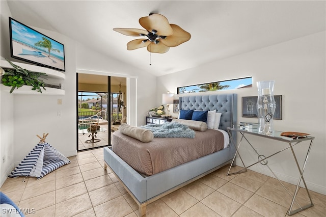 bedroom with light tile patterned floors, access to outside, vaulted ceiling, and a ceiling fan