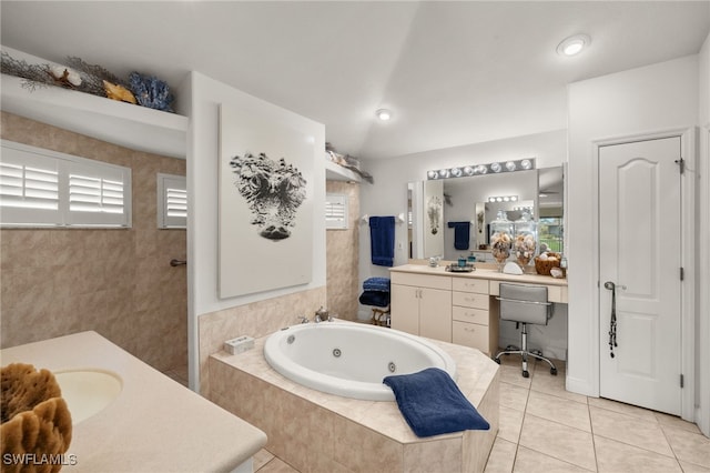 full bathroom with a walk in shower, a tub with jets, tile patterned flooring, and vanity