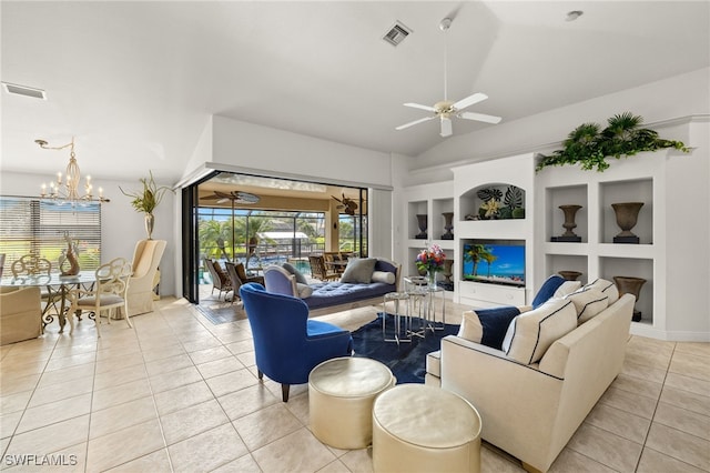 living room featuring light tile patterned floors, vaulted ceiling, visible vents, and built in features