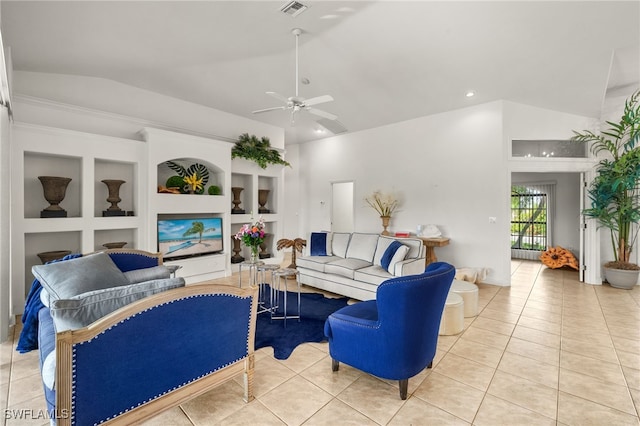 tiled living area featuring built in shelves, recessed lighting, visible vents, a ceiling fan, and vaulted ceiling