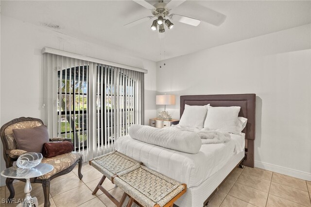 bedroom featuring ceiling fan, access to outside, tile patterned flooring, and baseboards