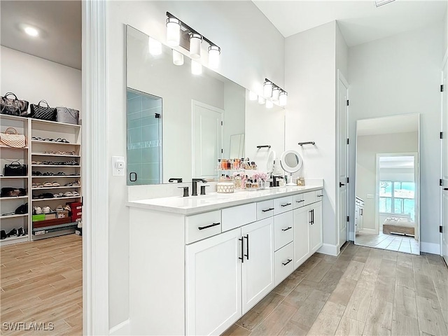 7041 Del Webb Oak Creek Blvd, North Fort Myers, FL 33917 - full bathroom featuring double vanity, a sink, a shower stall, and wood finished floors