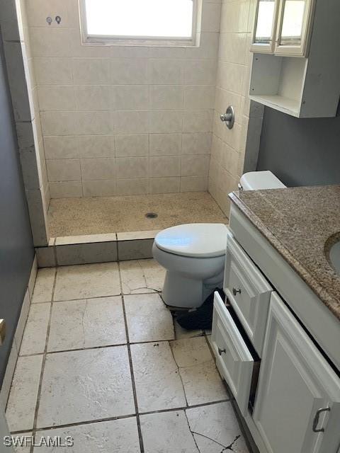 bathroom with vanity, toilet, and a stall shower