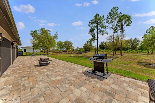 view of patio / terrace featuring an outdoor fire pit and grilling area