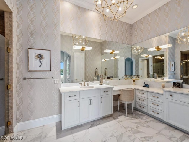 bathroom featuring wallpapered walls, crown molding, marble finish floor, and a chandelier