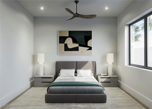 bedroom featuring recessed lighting, a ceiling fan, and baseboards