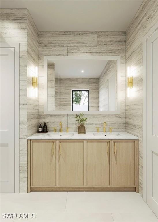 full bathroom with double vanity, tasteful backsplash, and a sink