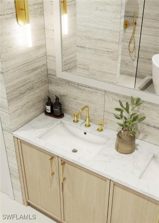 full bathroom featuring tasteful backsplash, vanity, and a walk in shower