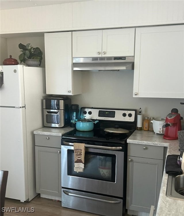 949-949 NE Pine Island Ln Unit 947, Cape Coral, FL 33909 - kitchen with under cabinet range hood, electric stove, gray cabinetry, and freestanding refrigerator