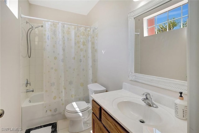 bathroom with toilet, vanity, and shower / bath combination with curtain