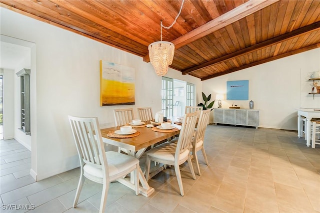 dining space with wood ceiling, a chandelier, and light tile patterned floors