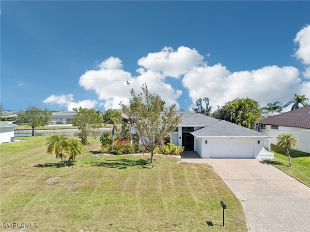 view of front facade with a garage, decorative driveway, and a front yard