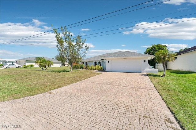 ranch-style house with stucco siding, an attached garage, decorative driveway, and a front lawn