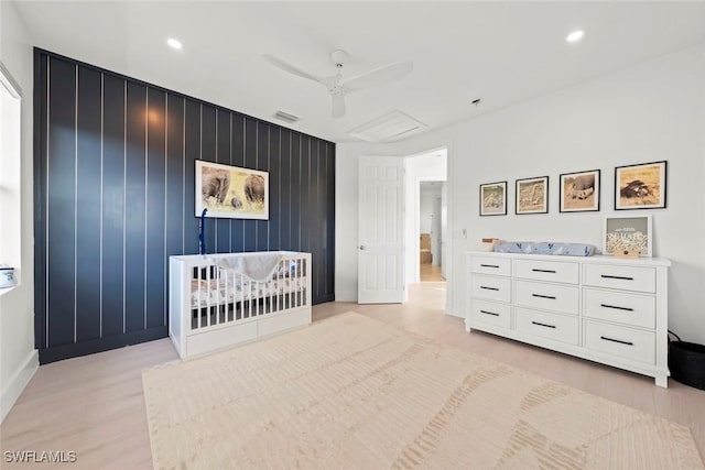 bedroom with ceiling fan, light wood-style flooring, visible vents, and recessed lighting