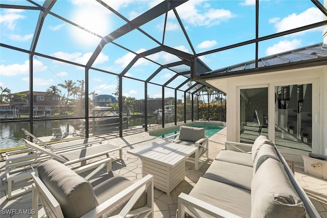 view of patio featuring an outdoor living space, an outdoor pool, glass enclosure, and a water view