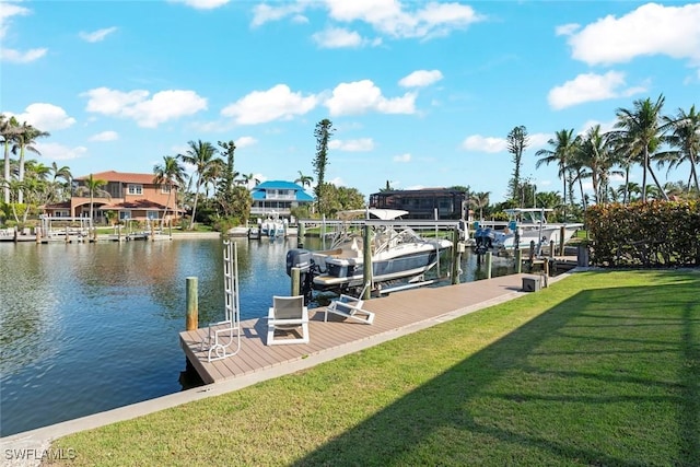 view of dock with a water view, a lawn, and boat lift