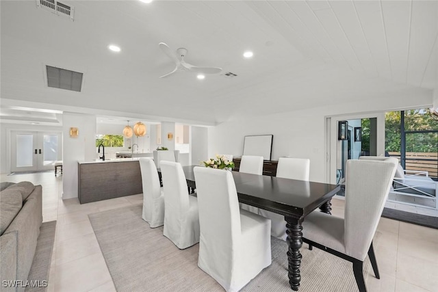 dining room featuring recessed lighting, visible vents, and ceiling fan