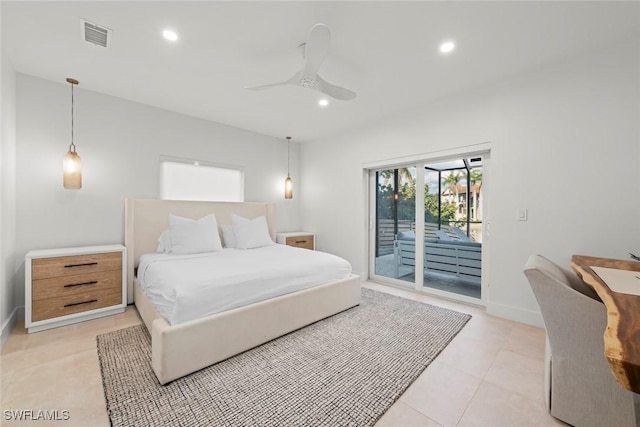 bedroom with access to exterior, recessed lighting, visible vents, a ceiling fan, and baseboards