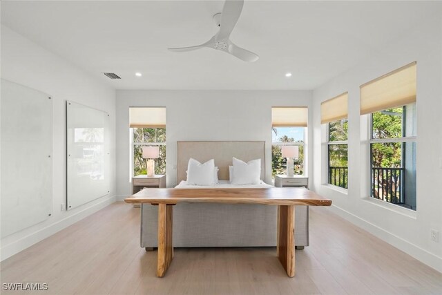 bedroom featuring recessed lighting, baseboards, visible vents, and light wood finished floors