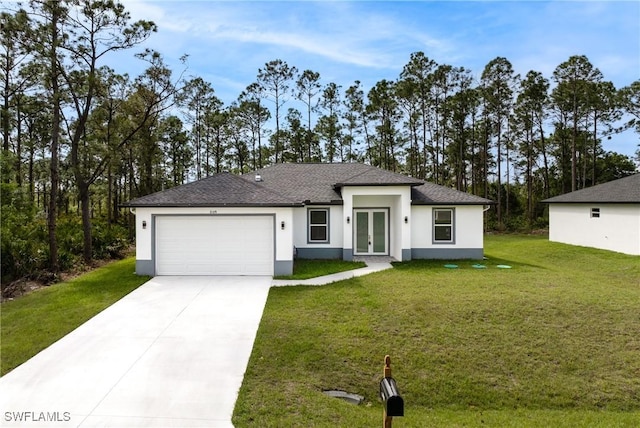 view of front of home featuring a garage, concrete driveway, french doors, a front lawn, and stucco siding