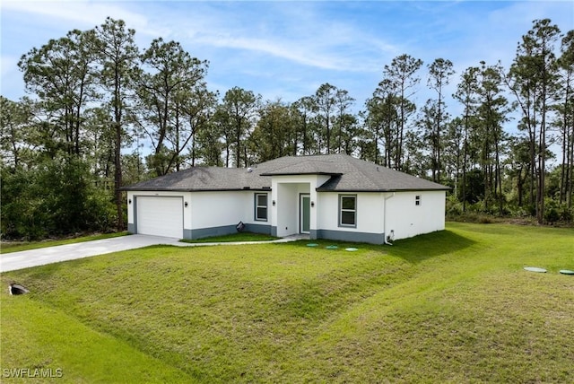 view of front of house featuring concrete driveway, a front yard, an attached garage, and stucco siding