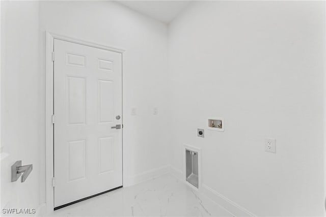 washroom with marble finish floor, hookup for a washing machine, hookup for an electric dryer, laundry area, and baseboards