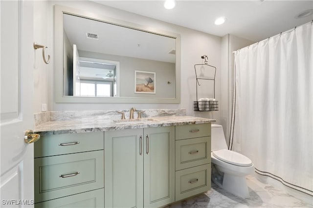 full bathroom with visible vents, toilet, marble finish floor, recessed lighting, and vanity