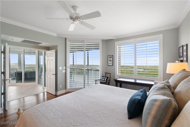 bedroom featuring ornamental molding, a ceiling fan, wood finished floors, baseboards, and access to exterior