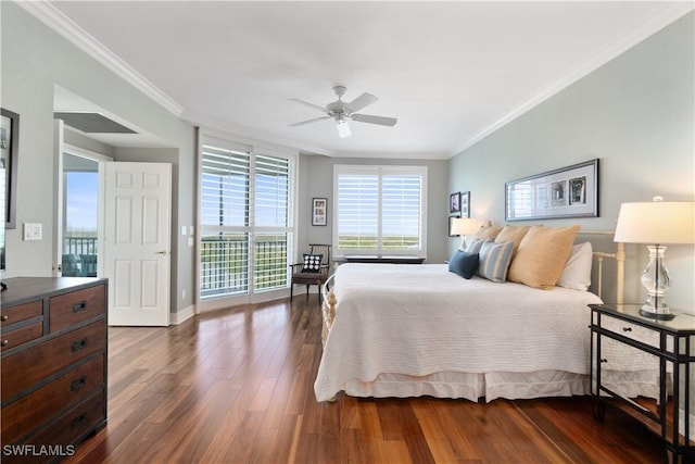 bedroom featuring access to exterior, ceiling fan, baseboards, dark wood finished floors, and ornamental molding