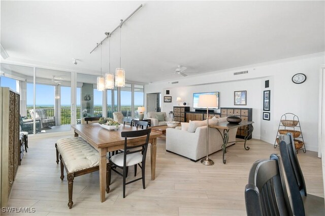 dining space featuring light wood finished floors, visible vents, floor to ceiling windows, and track lighting