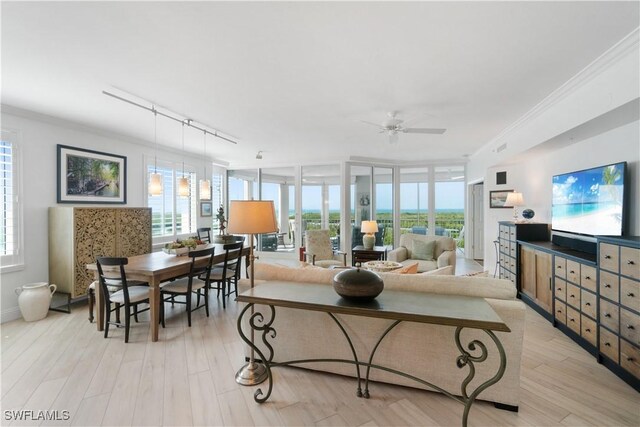 living room with crown molding, plenty of natural light, and light wood-style floors