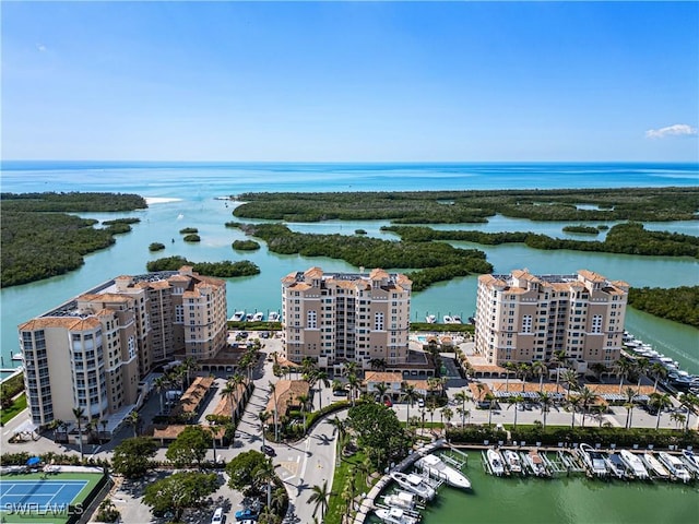 bird's eye view with a water view and a view of city