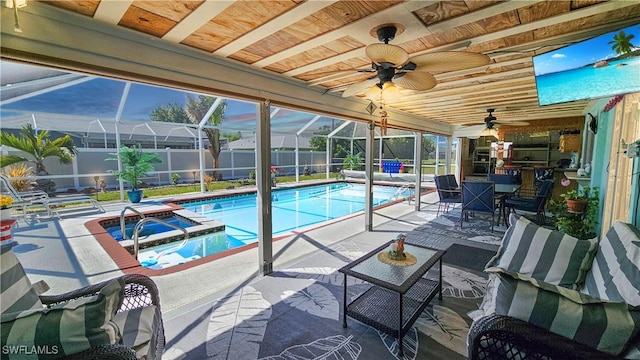 view of pool featuring a patio, fence, a fenced in pool, ceiling fan, and a lanai