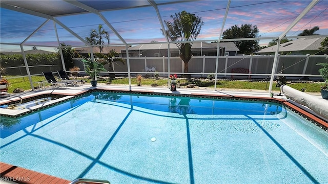 view of pool featuring a fenced in pool, a patio, and a lanai