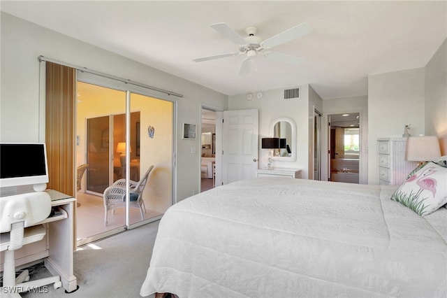 carpeted bedroom featuring ceiling fan and visible vents