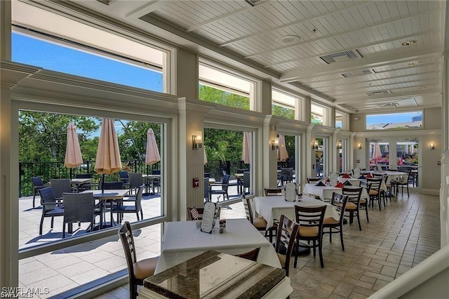 sunroom / solarium featuring wooden ceiling and visible vents