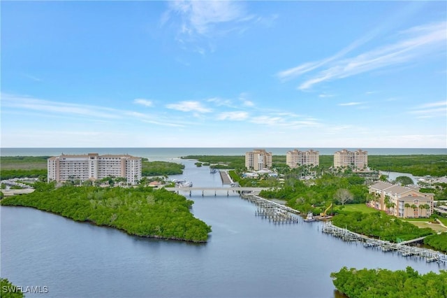 aerial view featuring a water view and a city view