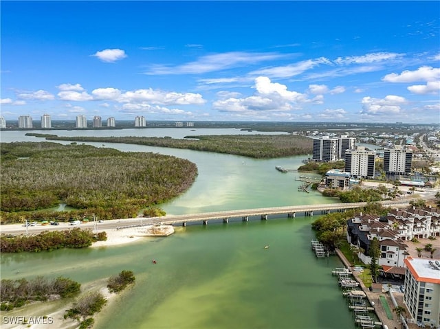 aerial view featuring a view of city and a water view