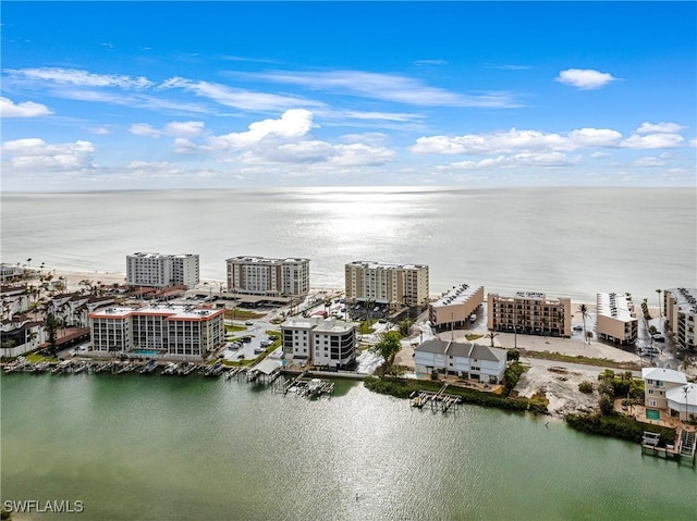 aerial view featuring a water view and a city view