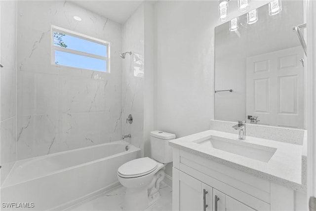 bathroom featuring marble finish floor, shower / bath combination, vanity, and toilet