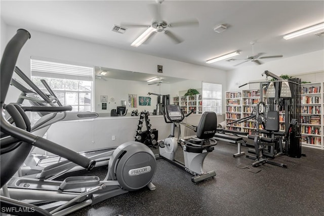 gym with visible vents, a wealth of natural light, and a ceiling fan