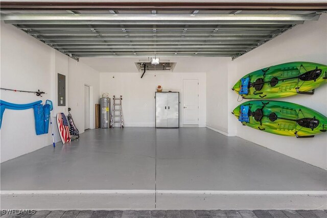 garage featuring electric panel and electric water heater