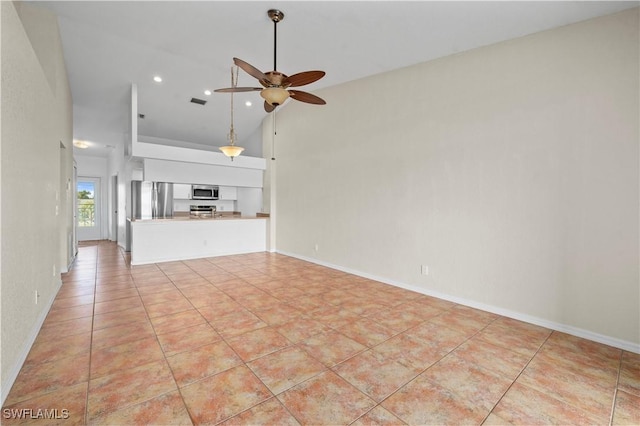 unfurnished living room featuring baseboards, high vaulted ceiling, ceiling fan, and light tile patterned flooring