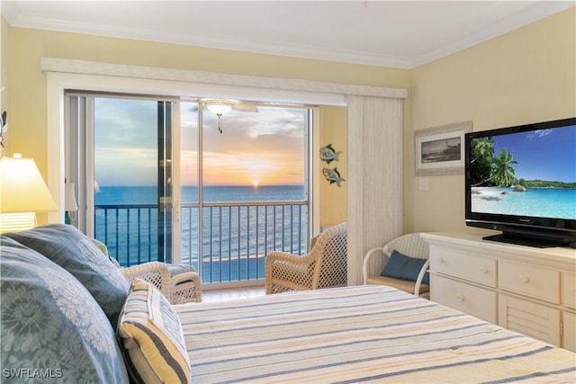 bedroom featuring access to exterior and crown molding