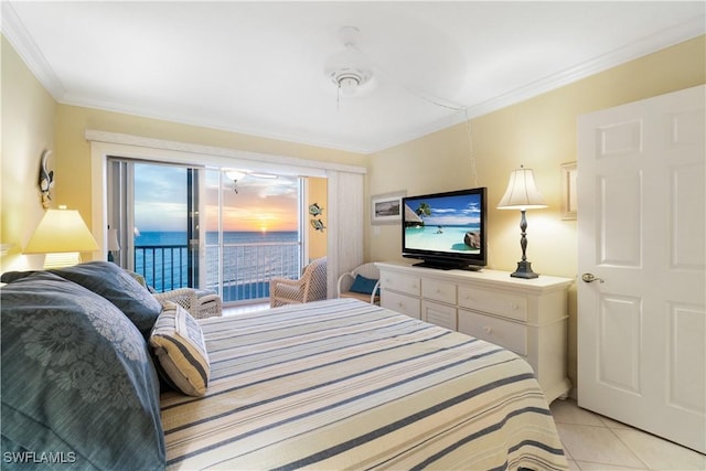 bedroom with light tile patterned floors, ornamental molding, and access to outside